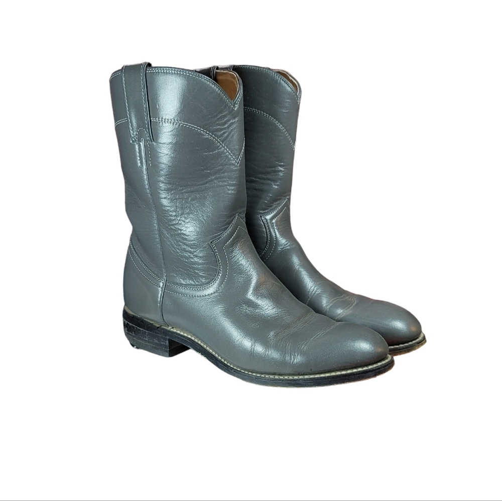 Vintage 90s Justin The Original Roper Grey Kipskin Leather Boots sz 8.5 (READ)